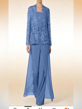 Brand New Sz 14 Women's Lace Jacket & Wide-Leg Pant Set — Dusty Blue